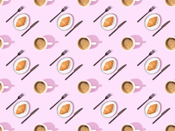 Top View Cutlery Croissants Plates Coffee Pink Seamless Background Pattern — Stock Photo, Image