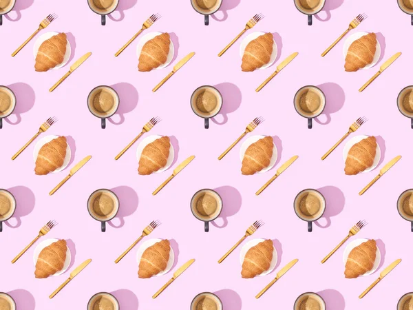 Top View Cutlery Croissants Plates Coffee Pink Seamless Background Pattern — Stock Photo, Image
