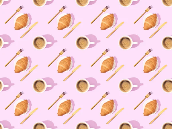 Top View Cutlery Croissants Plates Coffee Pink Seamless Background Pattern — Stock Photo, Image