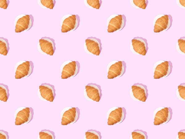 Top View Croissants Plates Pink Seamless Background Pattern — Stock Photo, Image