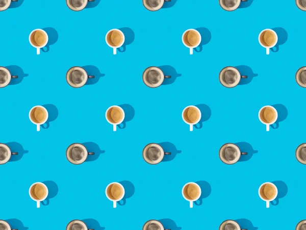 Top View Cups Fresh Coffee Blue Seamless Background Pattern — Stock Photo, Image