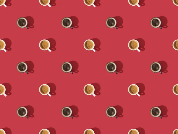 Top View Cups Fresh Coffee Red Seamless Background Pattern — Stock Photo, Image