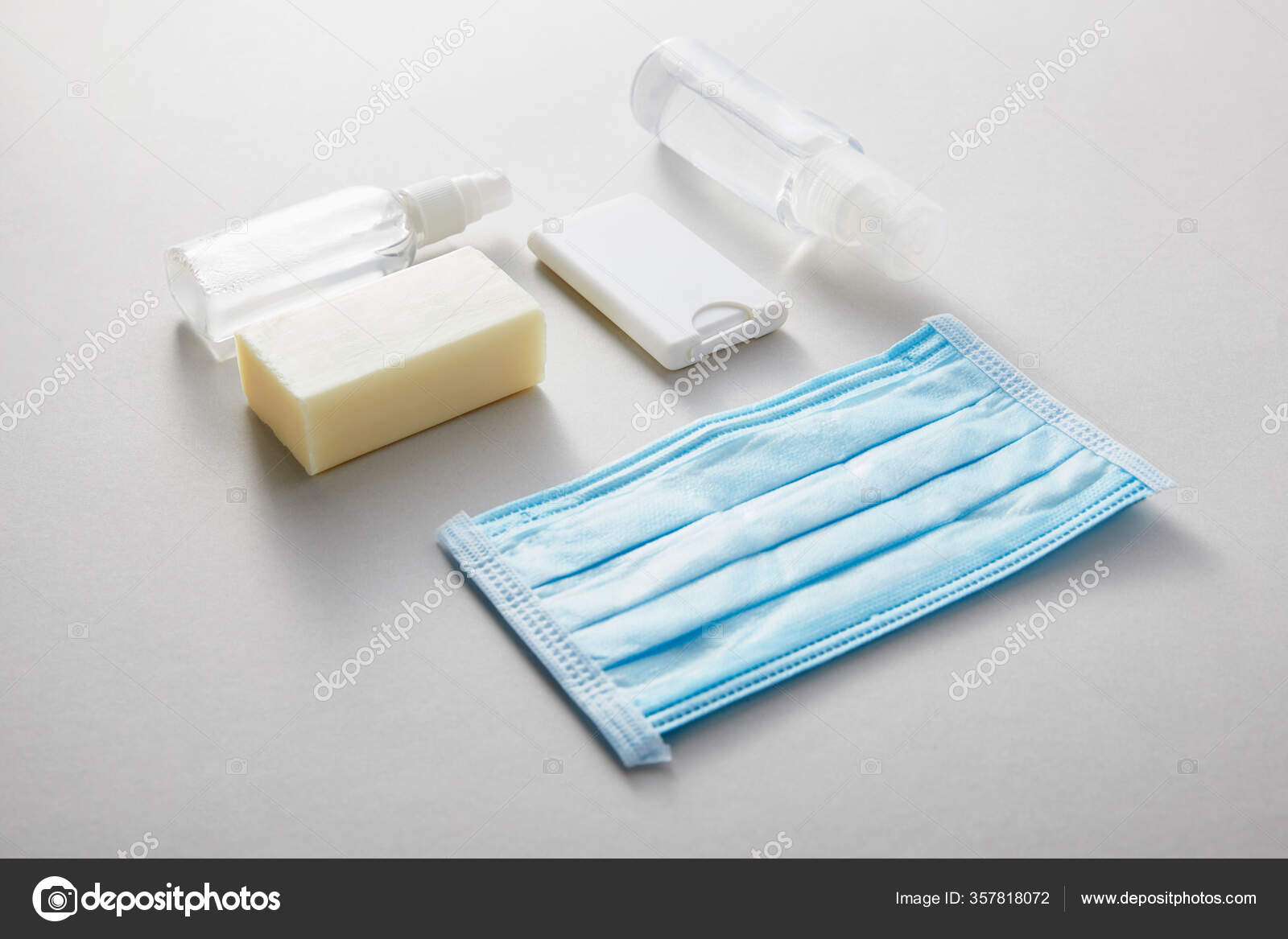 Flat Lay Hand Sanitizer Spray Bottles Medical Mask Antibacterial Soap