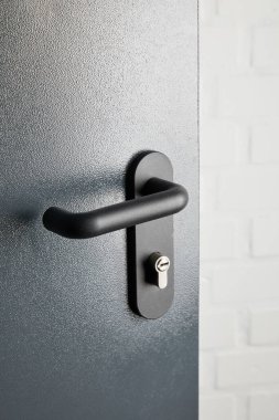 clean metal door with black handle after disinfection