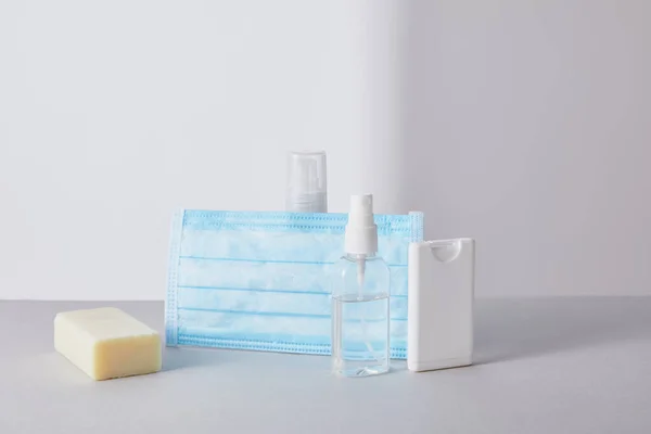 Hand Sanitizer Bottles Medical Mask Antibacterial Soap White Background — Stock Photo, Image