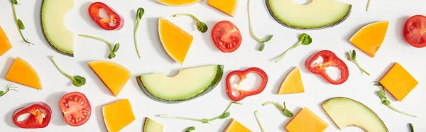 Flat Lay Met Microgreens Gesneden Groenten Avocado Plakjes Witte Achtergrond — Stockfoto