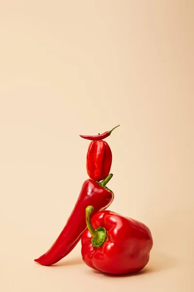 Red Chili Bell Habanero Peppers Beige Copy Space — Stock Photo, Image