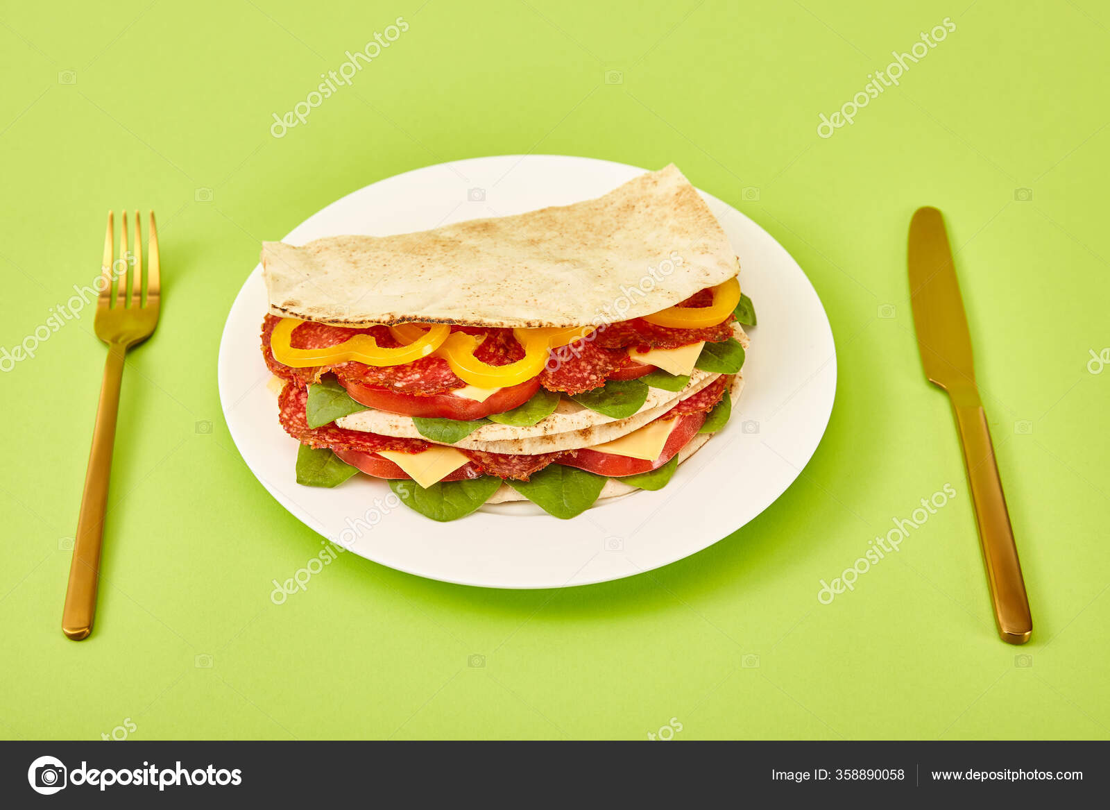 Fresh Sandwich Salami Pita Vegetables Cheese Served Plate Golden Fork