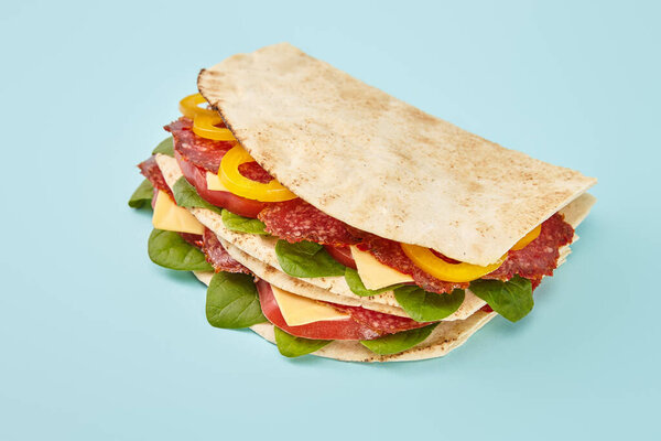 fresh sandwich with salami, pita, vegetables and cheese on blue background