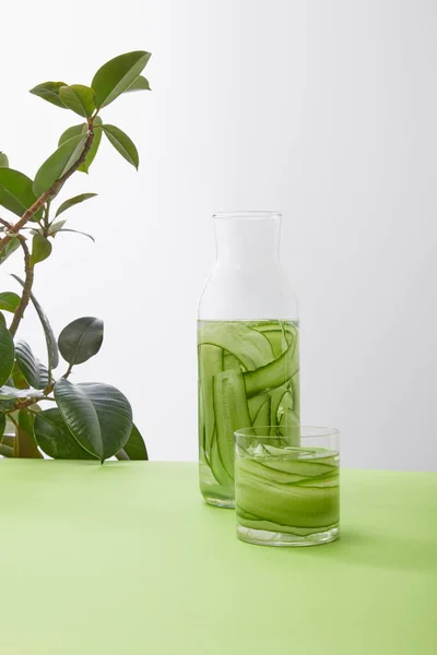 Flasche Und Glas Mit Getränk Aus Gurkenscheiben Und Pflanze Auf — Stockfoto