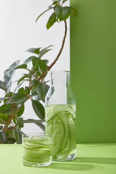 Bottle Glass Fresh Drink Made Sliced Cucumbers Plant Grey Green — Stock Photo, Image