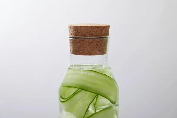 Close View Glass Bottle Cork Drink Made Sliced Cucumbers Isolated — Stock Photo, Image