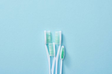 Top view of white toothbrushes with green bristles on blue background clipart
