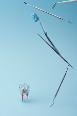 Mavi arka planda dişçi aletleri, diş fırçası ve yapay plastik diş.