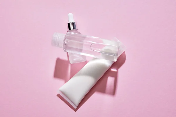 Top View Hand Cream Tube Cosmetic Bottle Serum Bottle Liquid — Stock Photo, Image
