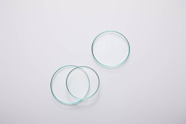 Top view of laboratory glassware on grey background