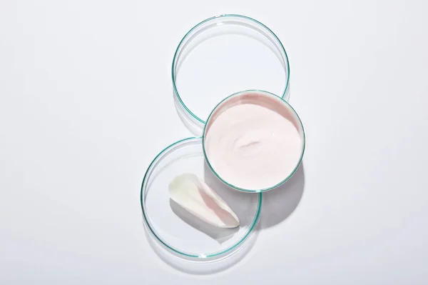 Top View Laboratory Glassware Pink Cosmetic Cream Rose Petal Grey — Stock Photo, Image