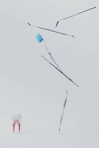 Профессиональные стоматологические инструменты, зубная щетка и искусственный пластик на сером фоне
