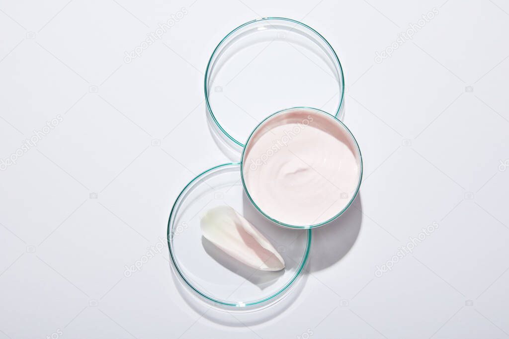 Top view of laboratory glassware with pink cosmetic cream and rose petal on grey background