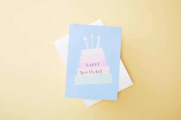 Top View Festive Happy Birthday Greeting Card Beige Background — Stock Photo, Image