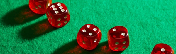 High Angle View Red Dice Green Background Panoramic Shot — Stock Photo, Image