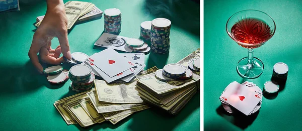 カジノトークン トランプ お金と緑 パノラマショットでカクテルのガラスと女性の手のコラージュ — ストック写真