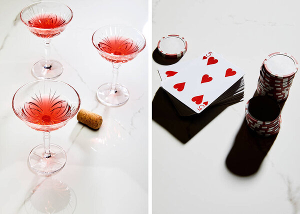 Collage of glasses of cocktail, cork, pack of cards and casino tokens on white 