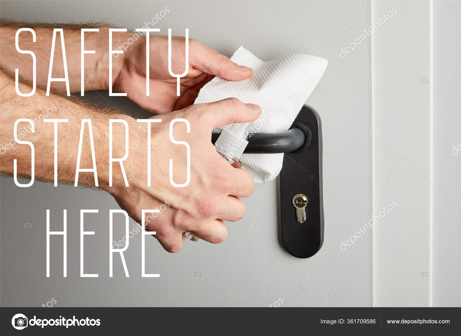 Partial View Man Disinfecting Door Handle Antiseptic Napkin Safety