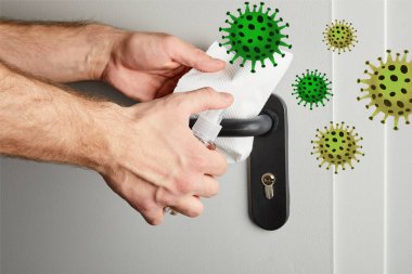 partial view of man disinfecting door handle with antiseptic and napkin, bacteria illustration clipart