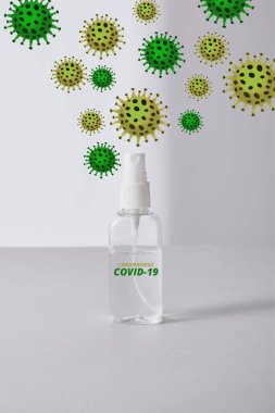 hand sanitizer in spray bottle on white background, bacteria illustration clipart