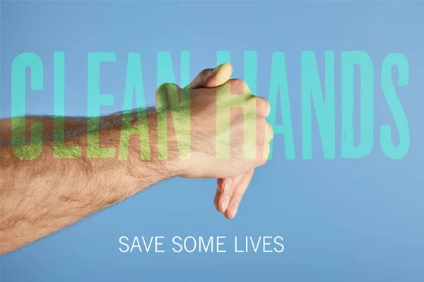 Обрізаний Вид Людини Миття Рук Ізольовані Синьому Чисті Руки Ілюстрація — стокове фото