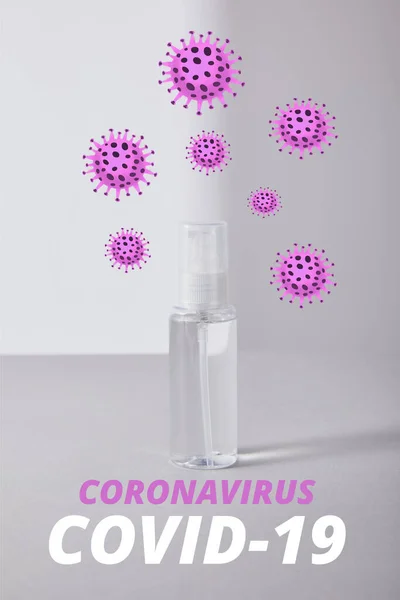 Higienizador Mão Frasco Spray Sobre Fundo Branco Ilustração Coronavírus — Fotografia de Stock