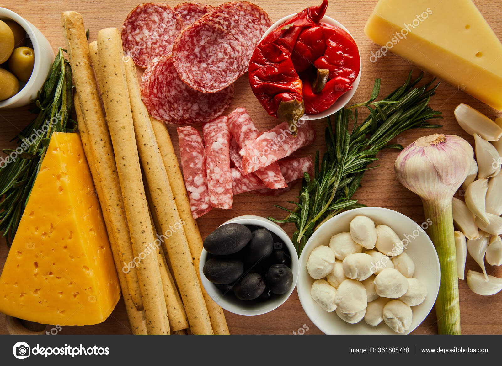 Top View Breadsticks Salami Slices Cheese Antipasto Ingredients Wooden