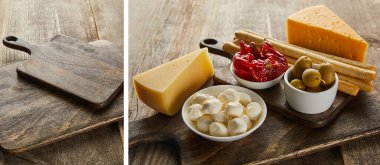 Ahşap arka planda antipasto içerikli panoların kolajı