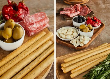 Tahtadaki ahşap zemin üzerinde antipasto malzemeleri kolajı 