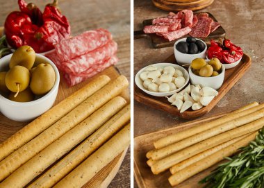 Collage of antipasto ingredients on boards on wooden background  clipart