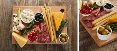 Ahşap arka planda antipasto içerikli pano kolajı, panoramik çekim