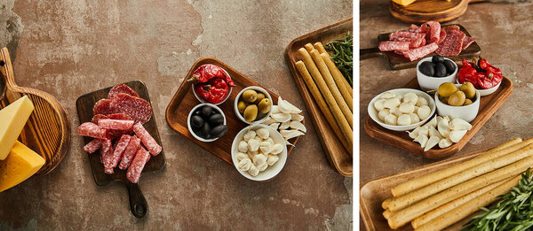 Collage of antipasto ingredients on brown background