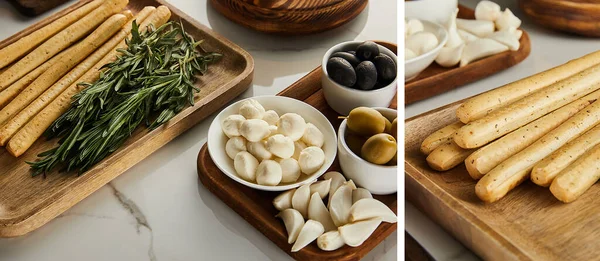 Koláž Desek Antipasto Ingrediencemi Bílém Panoramatický Záběr — Stock fotografie