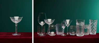 yeşil üzerine izole edilmiş kokteyl bardakları kolajı