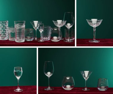 collage of drinking glasses on red velour surface isolated on green  clipart