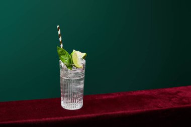 Yüksek açılı mojito manzaralı buzlu, naneli, limonlu ve şeritli Collins bardağında yeşil izole edilmiş pipet içiyorlar.