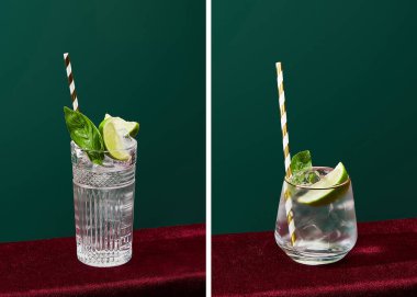 Buzlu, naneli, limonlu ve şeritli bardaklardan oluşan kolaj yeşilde izole edilmiş.