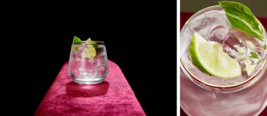 mojito kolajı, limon, nane ve buzlu siyah ve gri arka planda eski moda camlar.