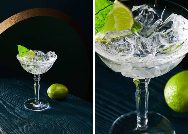 collage of cocktail glass with mint leaf and whole lime on wooden background clipart