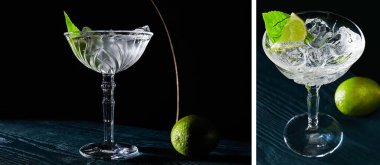 collage of cocktail glass with ice, mint leaf and whole lime on blue wooden background clipart