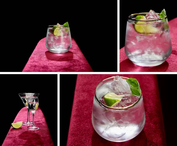 collage of shot glass and cocktail glass with fresh cold mojito, mint and lime slice isolated on black