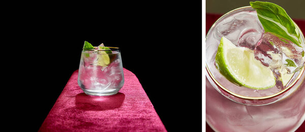 collage of mojito with lime, mint and ice cubes in old fashioned glass on black and grey background