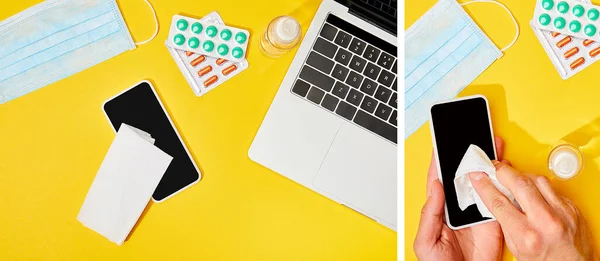 スマートフォンの近くでナプキンを持ってる男のコラージュ画面 ノートパソコン 手の消毒剤黄色の医療用マスク — ストック写真