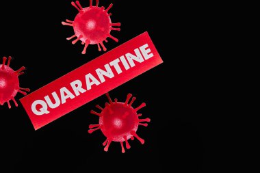 top view of drawn virus near paper with quarantine lettering isolated on black  clipart